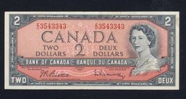 BANK of CANADA 1954 - bank note TWO DOLLAR serial # EU3543343 Beatty/Rasminsky - $12.82