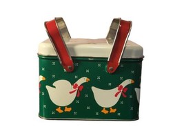 Vintage Christmas Green White Double Handle Tin with Geese 5&quot; x 6&quot; x 4 1/4&quot; - $13.84