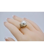 Real 14K Yellow Gold 14mm Faux Pearl &amp; Natural Diamond Accent Ring Size 7.5 - $699.81 CAD