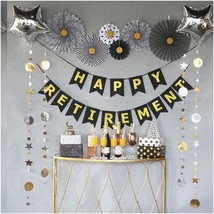 Starry Retirement Celebration Kit: Black &amp; Gold Banner, Paper Fans, Sparkling Ga - $47.51