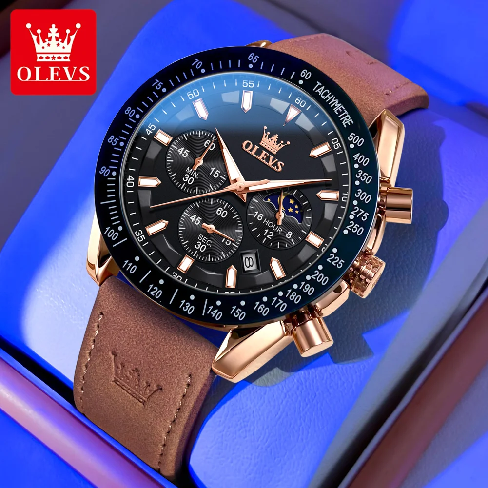 OLEVS   Men&#39;s Watch Brown Leather strap Date Calendar Moon Phase Waterproof  Wat - £55.68 GBP