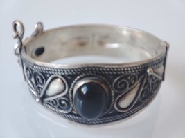 Vintage Moroccan Berber Silver Bracelet with Black Agate: Statement Piece for he - £78.63 GBP