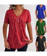 New V-neck Printed Button T-shirt Summer Fashion Leisure Short-sleeved T... - £7.80 GBP+