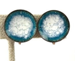 Mod Vintage Earrings Copper Blue White Enamel Disc Geo Screw back artisan - £11.05 GBP