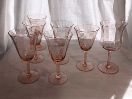 Seven Pink Depression Glass Tumblers Four With Etched Flowers Mint - $49.99