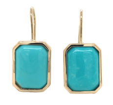 14k Yellow Gold Genuine Kingman Turquoise Rectangular Drop Earrings (#J7... - $741.51