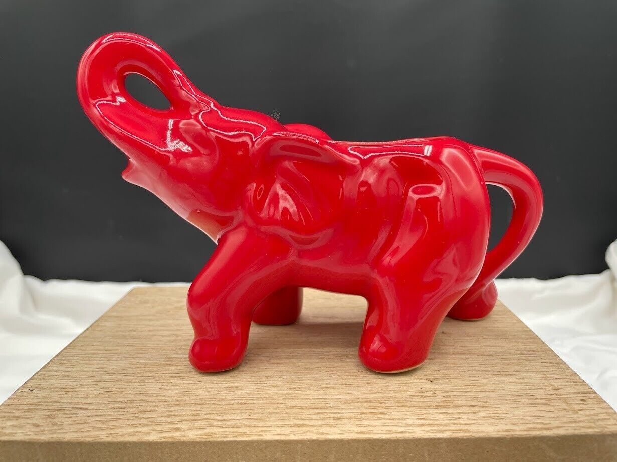 Home Essentials Red Ceramic Elephant Cream Pitcher Mini Planter Trunk Up - $9.75