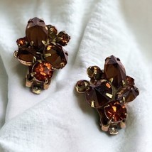 Vintage 1950s Weiss Brown Topaz Rhinestone Floral Gold Tone Clip On Earrings - £18.37 GBP