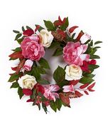 NEW Faux Peony &amp; Rose Grapevine Wreath 17 in. Floral Wall Decor pink red... - £14.94 GBP