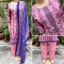 Pakistani Pink &amp; Blue Printed Straight Shirt 3-PCS Lawn Suit w/ Threadwork ,S - £42.64 GBP