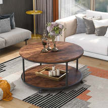 Rustic Round Coffee Table with Caster Wheel and Wo - £309.18 GBP+