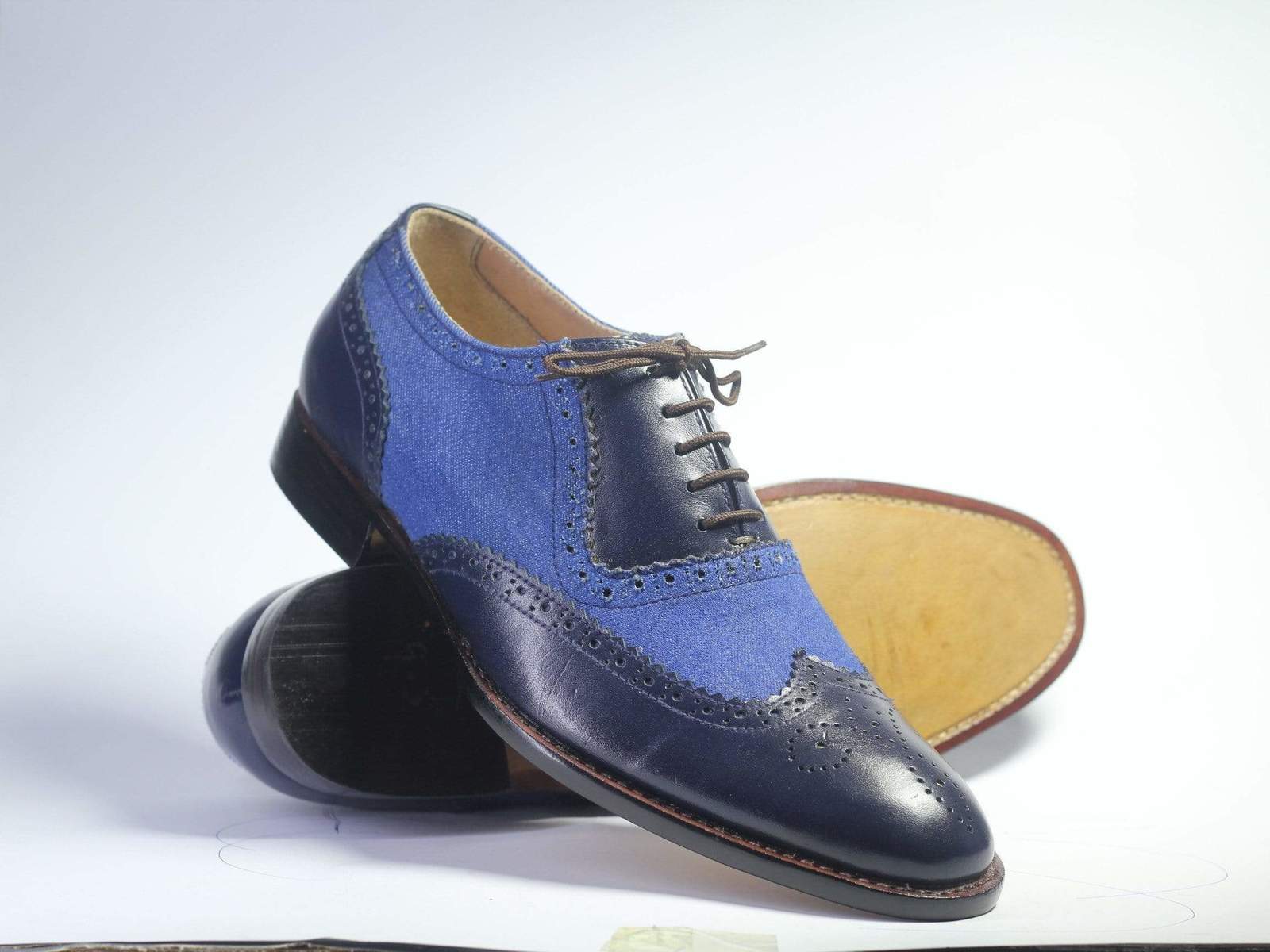 Stylish Handmade Black Blue Wing Tip Brogue Shoes, Leather Denim Designer Shoes