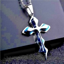 Pendant; Titanium Flame Cross Blue &amp; Silver Color Rhodium Plated Ball Chain NEW - $17.81