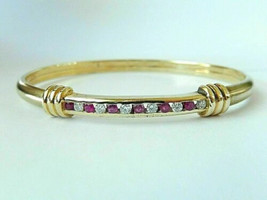 5CT  Round Cut Simulated Ruby  Halo Bangle 925 Silver Gold Plated - £128.28 GBP