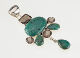 Amazing Turquoise &amp; Smoky Topaz Sterling Silver Pendant 90 mm Long - $246.51