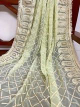 Pastel Sage Green Georgette Embroidered Dupatta Lakhnavi Chikankari Fabric D1059 - £13.28 GBP