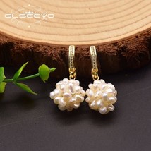 GLSEEVO Natural Freshwater  Earrings Woman  Flower Ball Zircon Earrings Wedding  - £18.60 GBP