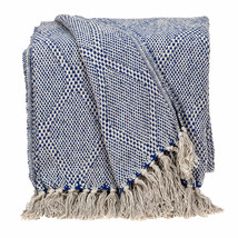 Blue and Beige Woven Handloom Throw with Tassels - £39.72 GBP