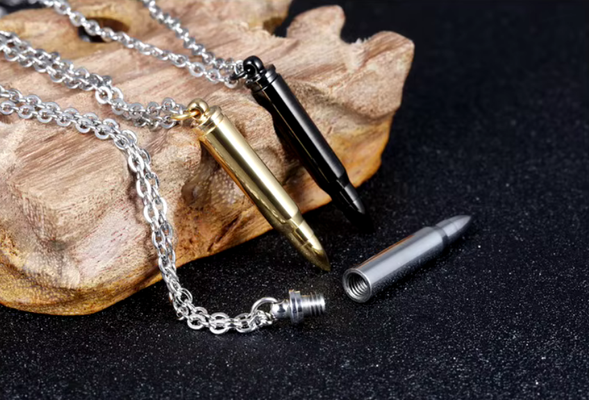Classic Stainless Steel Hollow Point Bullet Pendant Necklace