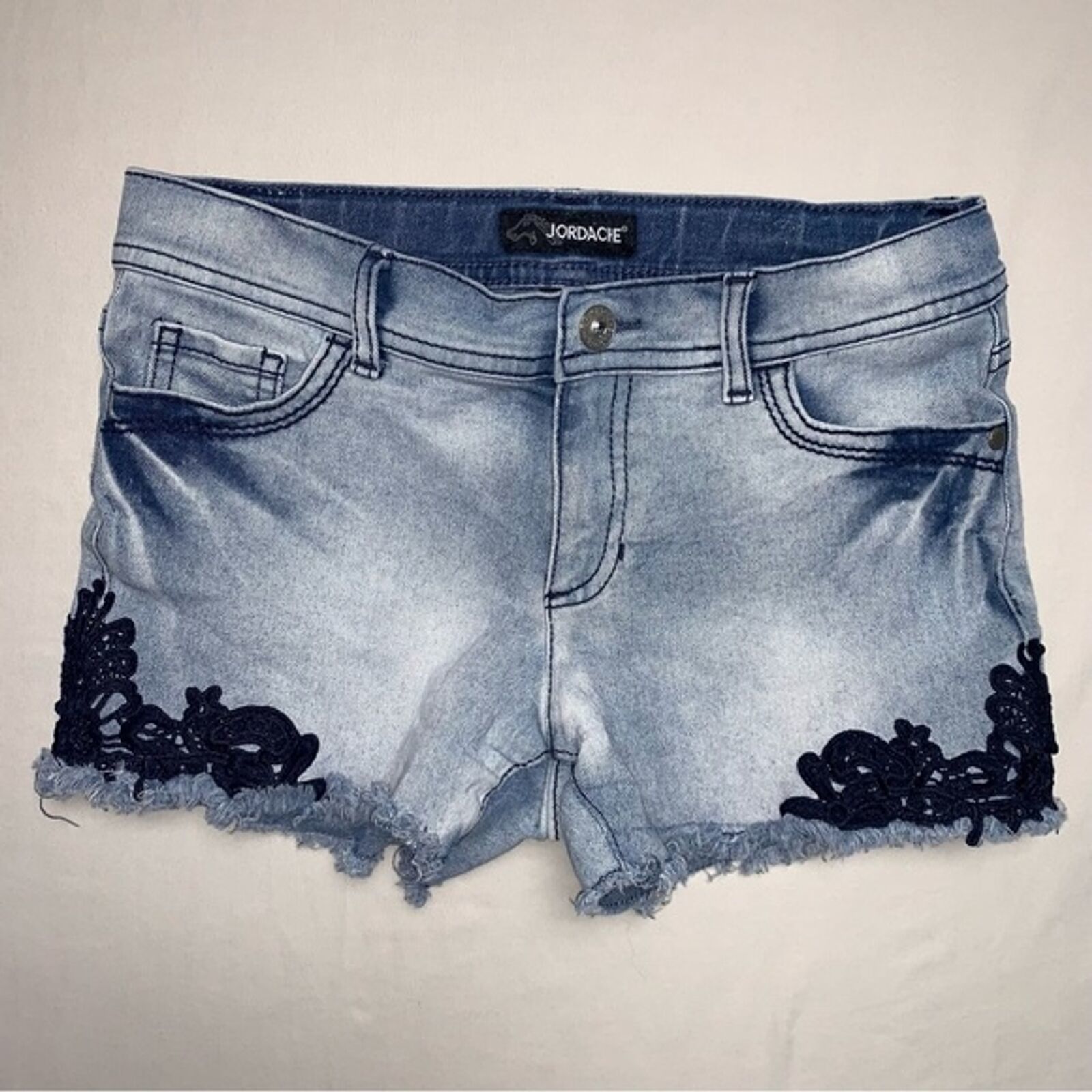 Primary image for Jean Shorts Girl’s 12 Lace Side Raw distressed hem Blue Denim Gem Button Spring