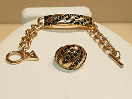 GUESS Costume Fashion Goldtone w/ Black Gemstones Chain Bracelet &amp; Matching Ring - £11.72 GBP
