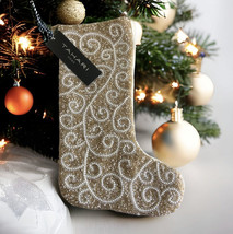 Christmas Stocking Tahari Home Luxury Silver Pearl Gold Beaded 22&quot; Satin... - £43.26 GBP