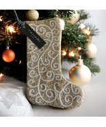 Christmas Stocking Tahari Home Luxury Silver Pearl Gold Beaded 22&quot; Satin... - £42.81 GBP
