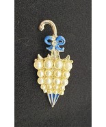 Vintage Umbrella Brooch Gold Tone Faux Pearl Enamel Pin Blue Bow Accent ... - $314.10 MXN