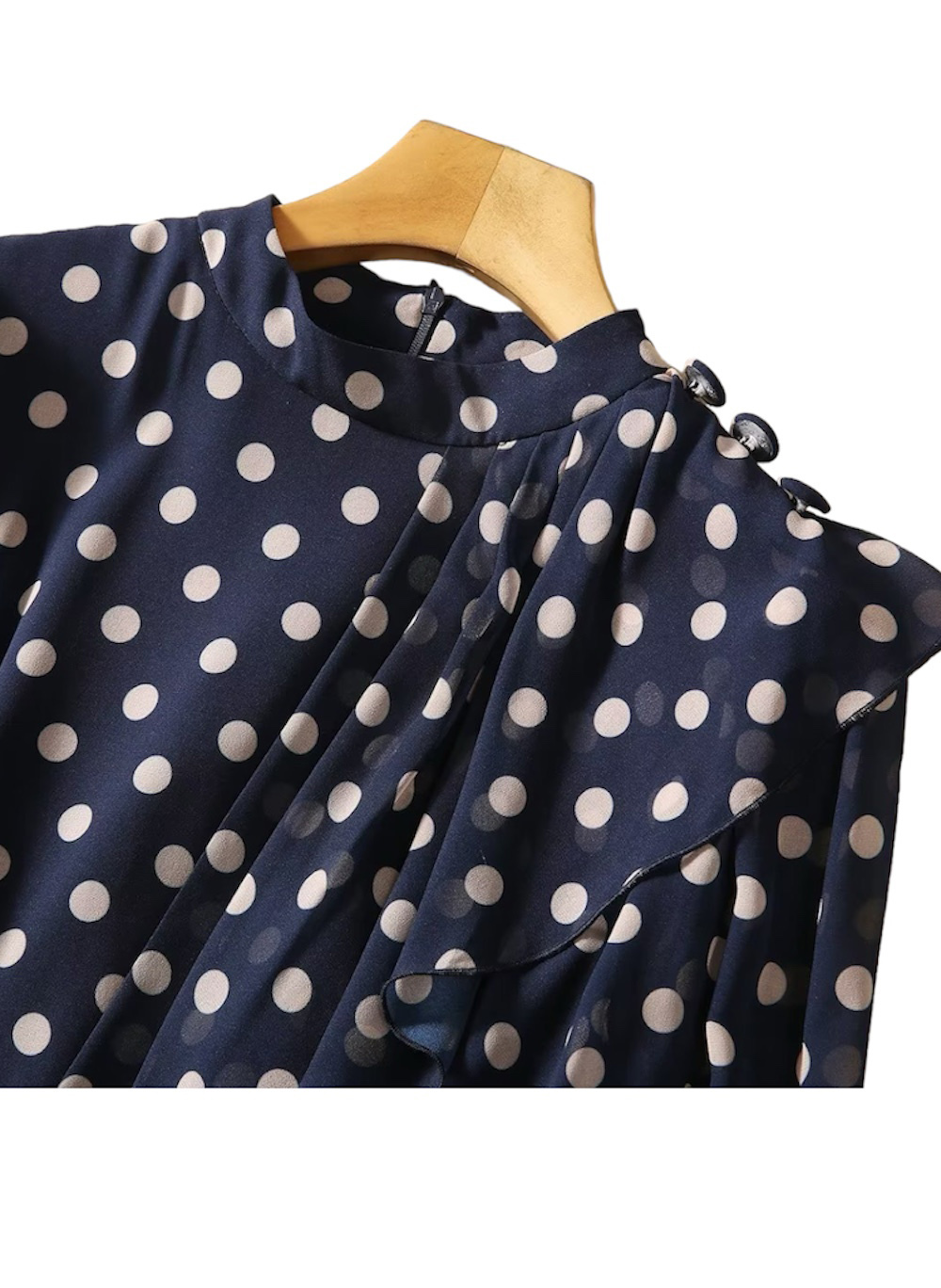Celeb Style Naomi Watts Inspired Navy/White Polka Dot High-Neck Ruffled Dress Item image 5