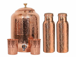 Handmade Pure Copper Hammered Pure Copper Water Dispenser Pot 4Ltr Tank 2 Bottle - £62.19 GBP