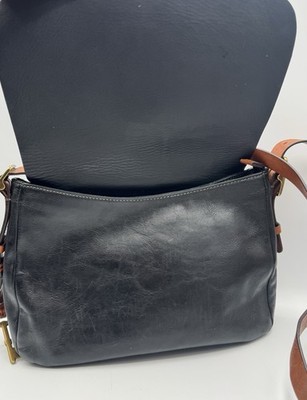 Fossil Harper Crossbody Bag Black Cow Hide Leather Large Flap Brass Key Saddle Item image 2