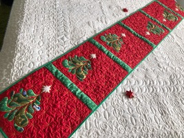 Quilted Christmas long table runner, Christmas green tree mat, Red bed runner - £112.40 GBP