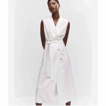 MNG White Women&#39;s Belted Midi Sleeveless Blazer Dress Button 0 NOWT Pockets - £59.77 GBP