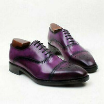 Handmade Men&#39;s Leather Oxfords Purple Full Brogue Cap Toe Black Sole shoes-876 - £174.65 GBP