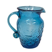 Vintage Hand Crafted Blue Art Glass 4.75&quot; Pitcher Textured Design Applie... - $18.74