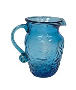 Vintage Hand Crafted Blue Art Glass 4.75&quot; Pitcher Textured Design Applie... - $18.74