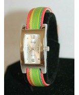 HONEY QUARTZ RECTANGLE FACE WRIST WATCH WITH LIME GREEN &amp; PINK BAND 8&quot; LONG - £14.49 GBP