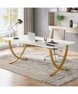 63&quot; White &amp; Gold Executive Office Desk - Modern Faux Marble Computer Desk - $229.99