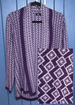 Neve Purple Lisa Cardigan Sweater Size Large Open Front Diamond Print Wool Blend - £29.75 GBP