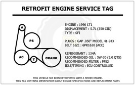 1996 LT1 5.7L Impala SS Retrofit Engine Service Tag Belt Routing Diagram... - $14.95
