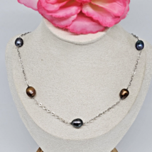 925 Sterling Silver Peacock &amp; Brown Pearl Beaded Station Chain Choker Necklace - $29.95