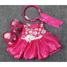 Build A Bear Dress Outfit Pink Satin Flowers Jelly Shoes Headband Set Party - £13.51 GBP