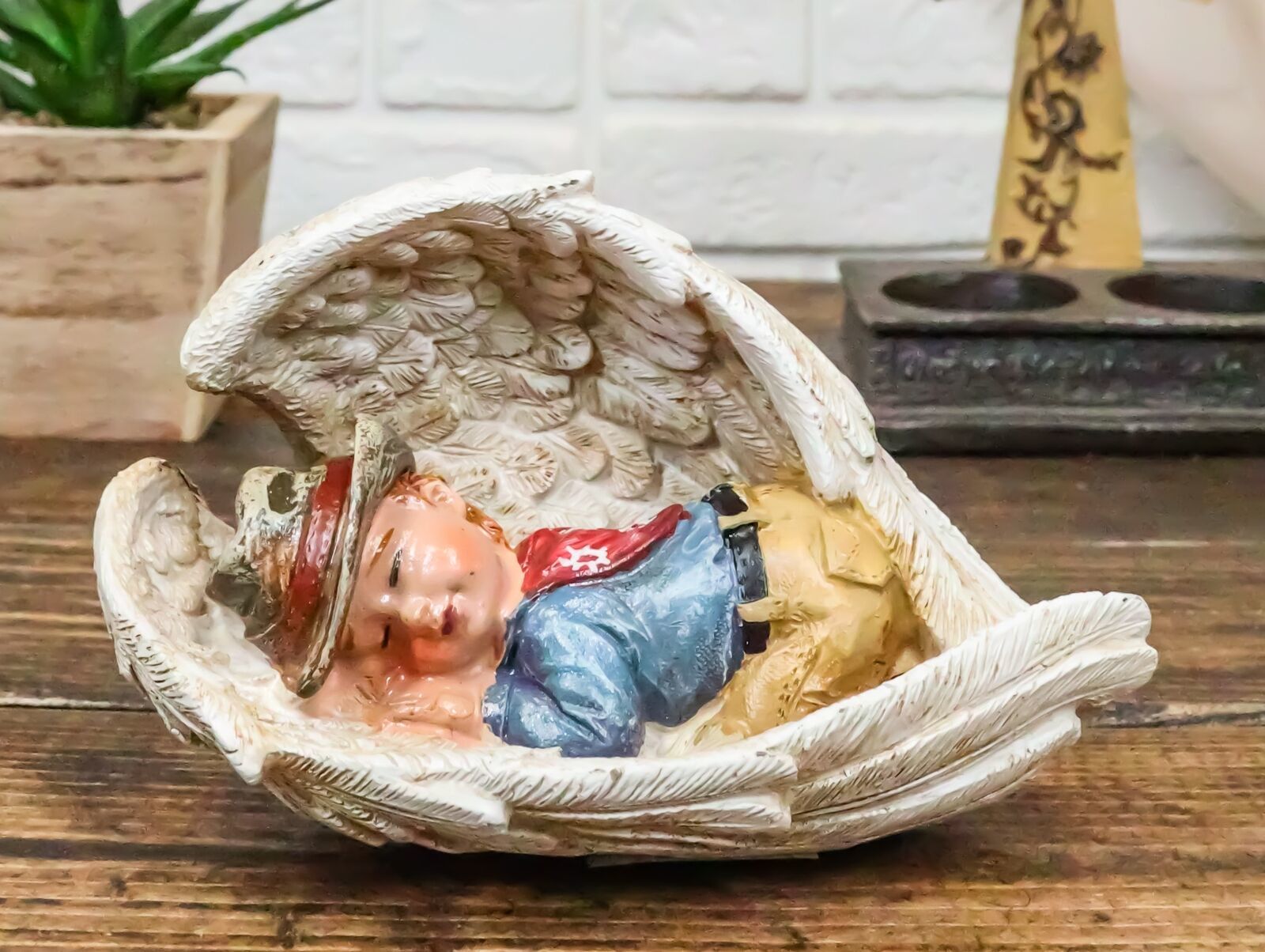 Rustic Western Cowboy Angel Baby Peacefully Sleeping In Giant Wings Figu... - $21.99