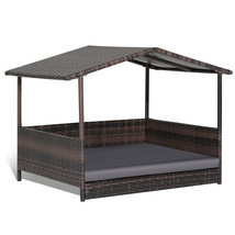Wicker Dog House w/ Cushion Lounge Raised Rattan Bed for Indoor/Outdoor - £151.85 GBP