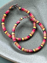 Extra Large Pink Blue &amp; Yellow Striped Hollow Tubular HOOP Earrings for ... - £13.37 GBP