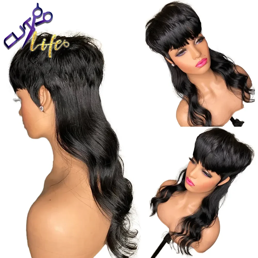 Full Machine Made Wig With Bangs Mullet 18 Inches Body Wave Glueless Brazilian - £55.07 GBP+