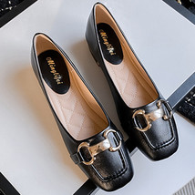 New Women Med Heel Square Toe Pumps Office Lady Shoes Big Gold Metal Chain Soft  - £43.01 GBP