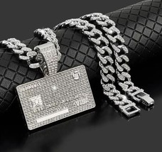 Iced CZ Bling Silver Plated Visa Card Pendant 12mm 20&quot; Cuban Chain Necklace - $24.74