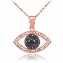 10k Real Rose Gold Evil Eye with 16 Clear and 8 Black Diamond Pendant Necklace - £162.06 GBP+