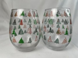 Stemless Wine Glasses Set of 2 Christmas Trees Holiday Home Essentials 20 oz - $3.88